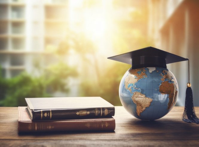 graduation cap and tassel with a globe on a desk stock photo, in the style of motion blur panorama, double exposure, travel, scientific diagrams, installation creator, use of earth tones, high quality photo --ar 76:51 --v 5.2 Job ID: 593fcf85-f225-46b1-bbe2-686900476715